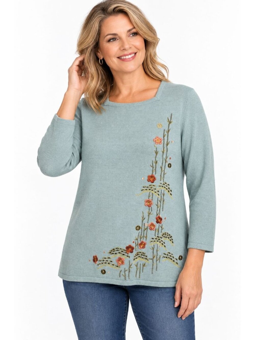 Alfred Dunner Womens Floral Embroidered Blue Green Knit Sweater Top Medium
